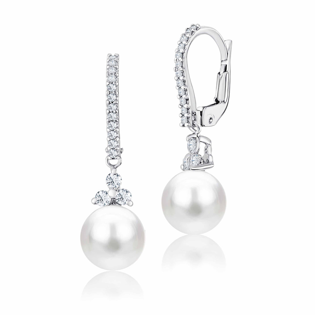 UNICORNJ 14K White Gold Freshwater Cultured Pearl Dangle Leverback Earrings with CZ Trillium Cluster Italy by Massete