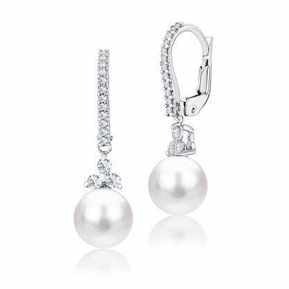 UNICORNJ 14K White Gold Freshwater Cultured Pearl Dangle Leverback Earrings with CZ Trillium Cluster Italy by Massete
