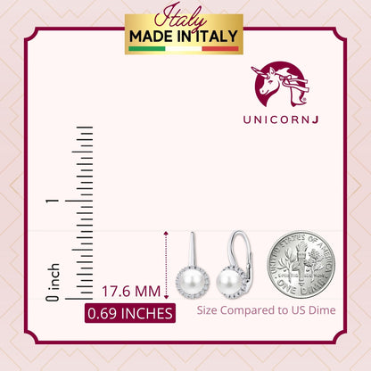 UNICORNJ 14K White Gold CZ Halo Leverback Earrings with Freshwater Cultured Pearl Italy by Massete