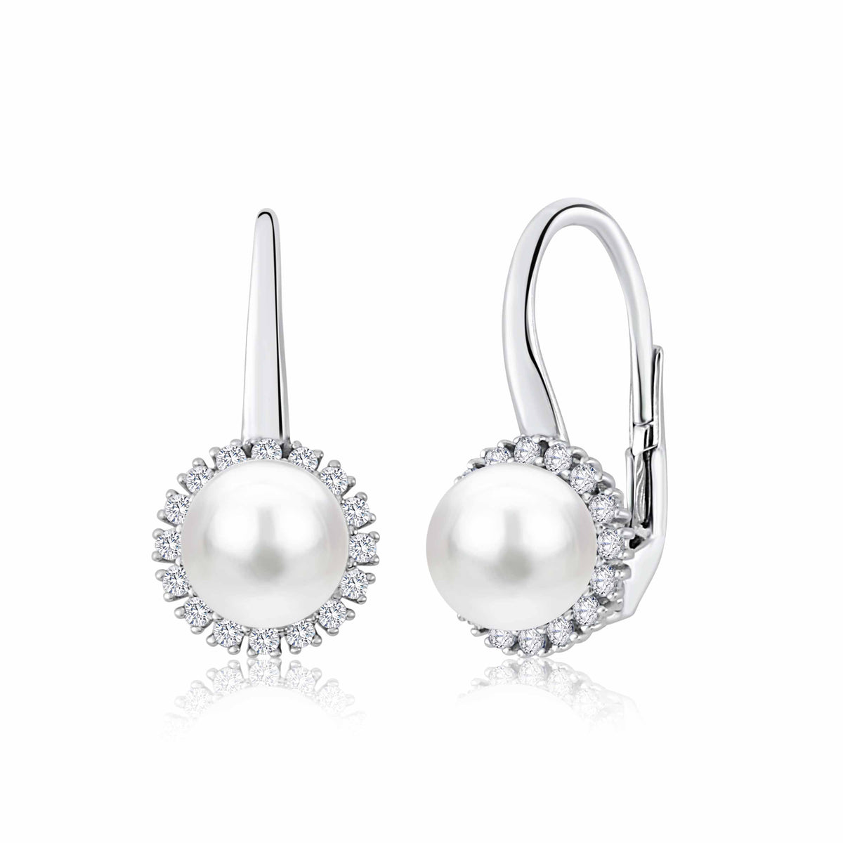 UNICORNJ 14K White Gold CZ Halo Leverback Earrings with Freshwater Cultured Pearl Italy by Massete