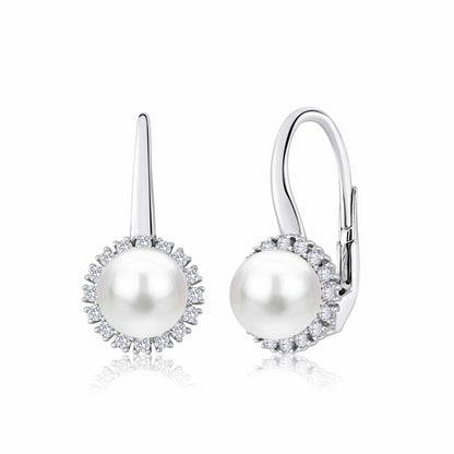 UNICORNJ 14K White Gold CZ Halo Leverback Earrings with Freshwater Cultured Pearl Italy by Massete