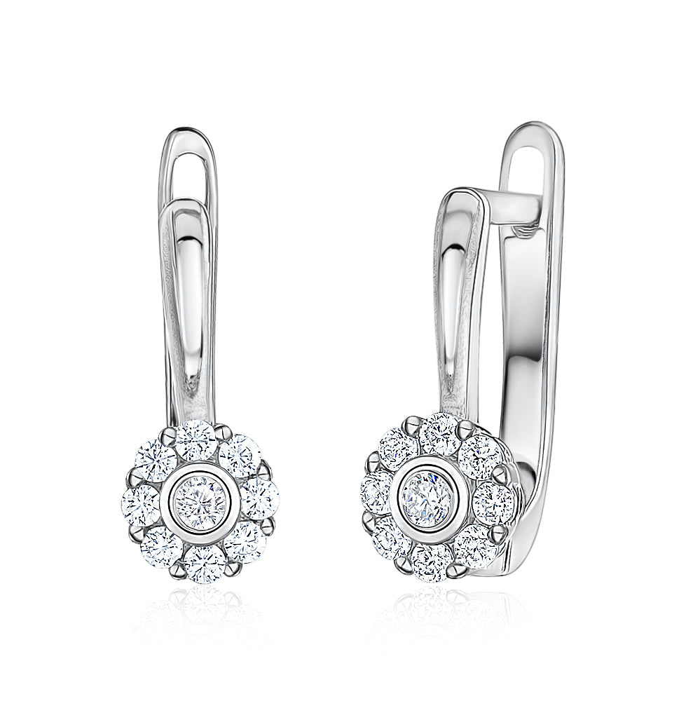 Sterling Silver April Birth Month Leverback Earrings Girls Halo 925 Simulated Diamonds Made in Italy by Massete