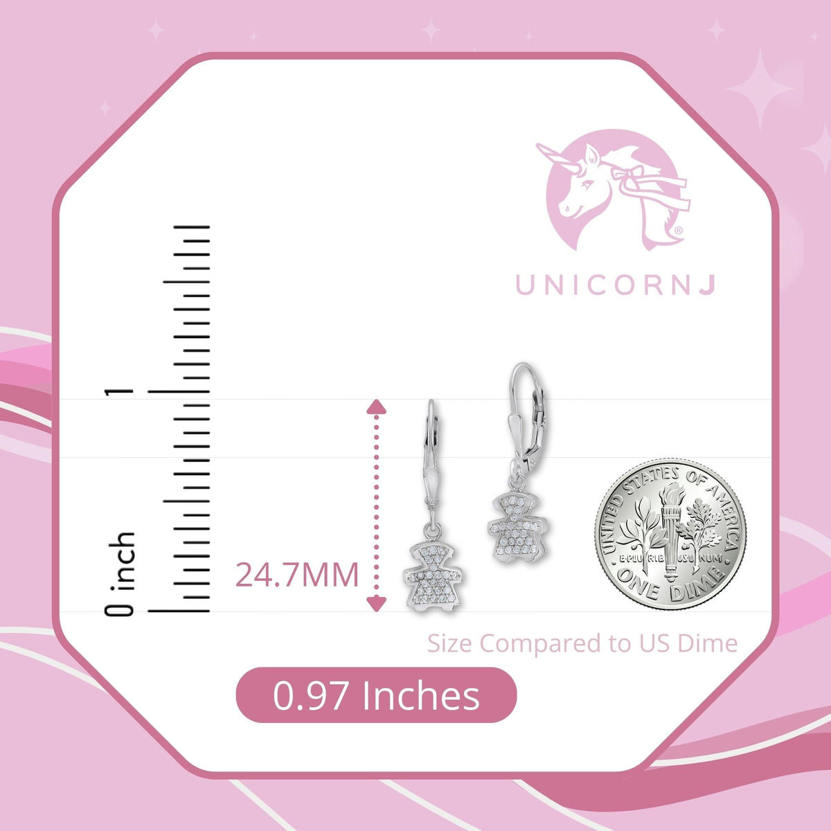 UNICORNJ Sterling Silver 925 Cute Girl Silhouette Charm Dangle Leverback Earrings with Pave or Pink CZ Italy by Massete