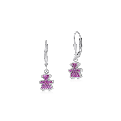 UNICORNJ Sterling Silver 925 Cute Girl Silhouette Charm Dangle Leverback Earrings with Pave or Pink CZ Italy by Massete
