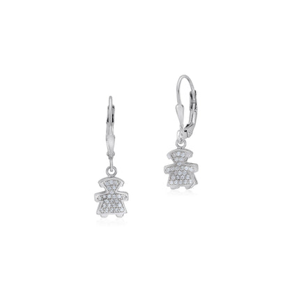 UNICORNJ Sterling Silver 925 Cute Girl Silhouette Charm Dangle Leverback Earrings with Pave or Pink CZ Italy by Massete