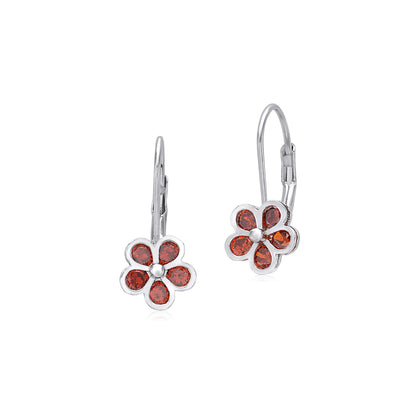 Sterling Silver 925 Leverback Earrings 5 Petal Flower with Cubic Zirconia Italy by Massete