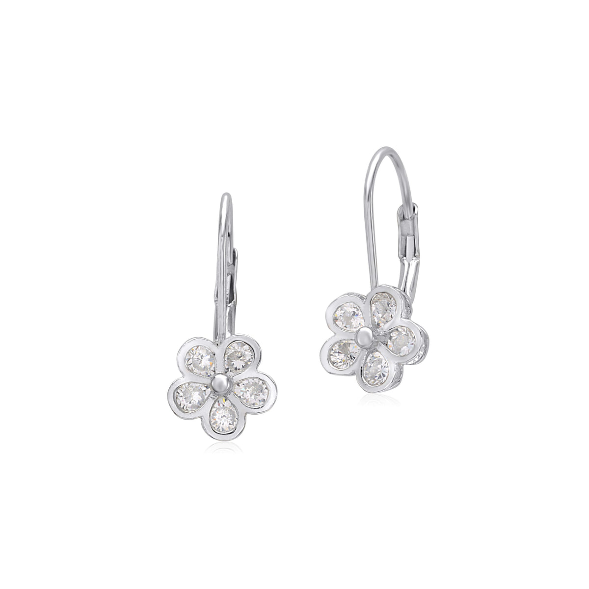 Sterling Silver 925 Leverback Earrings 5 Petal Flower with Cubic Zirconia Italy by Massete