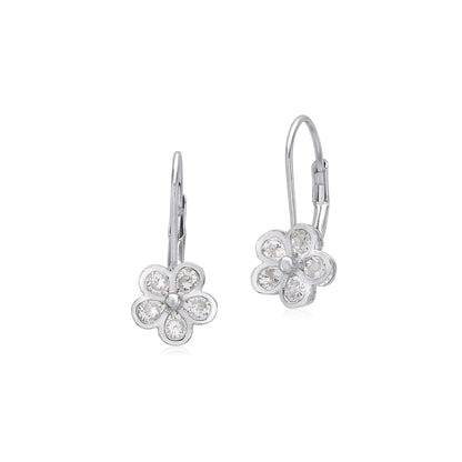Sterling Silver 925 Leverback Earrings 5 Petal Flower with Cubic Zirconia Italy by Massete