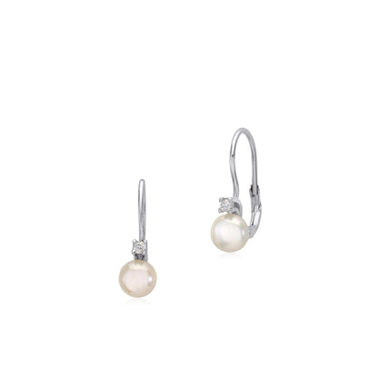Sterling Silver 925 Cultured Pearl Button Leverback Earrings with Cubic Zirconia 6mm Italy by Massete