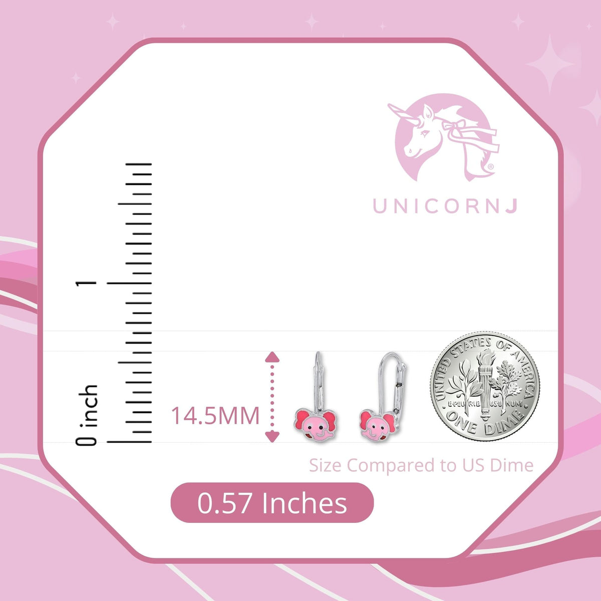 Childrens Sterling Silver 925 Cute Elephant Earrings Leverback with Pink Enamel by Massete