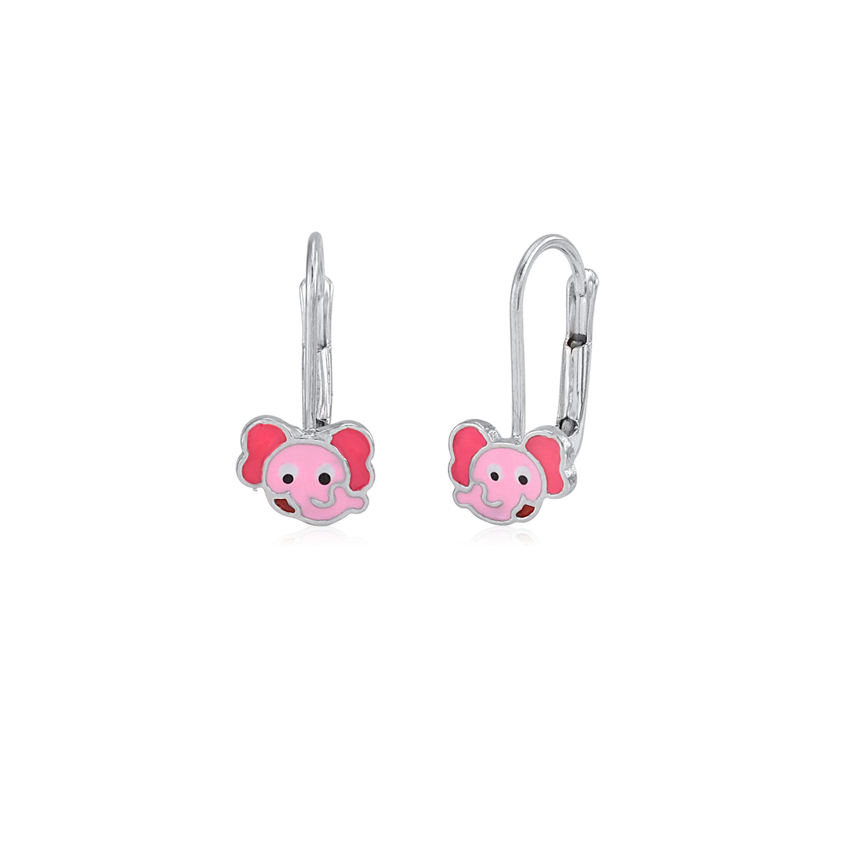 Childrens Sterling Silver 925 Cute Elephant Earrings Leverback with Pink Enamel by Massete