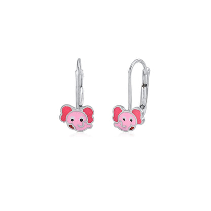 Childrens Sterling Silver 925 Cute Elephant Earrings Leverback with Pink Enamel by Massete