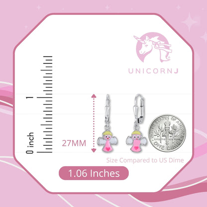 Childrens Sterling Silver 925 Cute Guardian Angel Earrings Leverback Dangle with Enamel by Massete