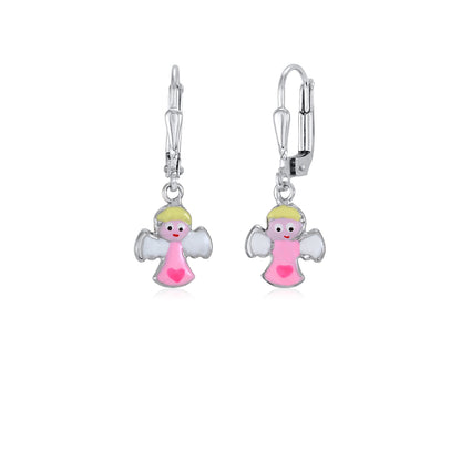 Childrens Sterling Silver 925 Cute Guardian Angel Earrings Leverback Dangle with Enamel by Massete