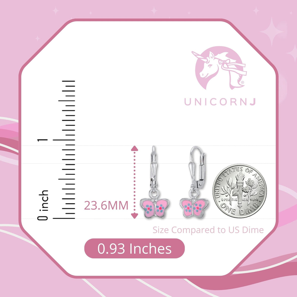 UNICORNJ Childrens Sterling Silver 925 Butterfly Leverback Earrings Dangle with Pink Enamel by Massete
