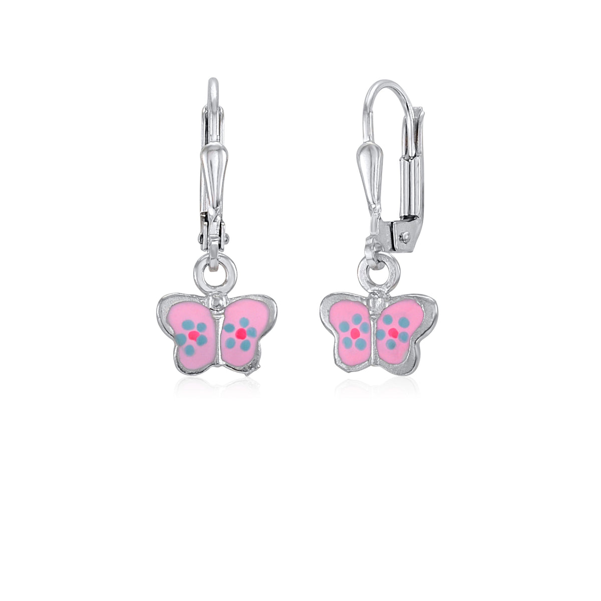 UNICORNJ Childrens Sterling Silver 925 Butterfly Leverback Earrings Dangle with Pink Enamel by Massete