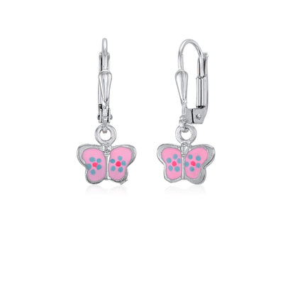 UNICORNJ Childrens Sterling Silver 925 Butterfly Leverback Earrings Dangle with Pink Enamel by Massete