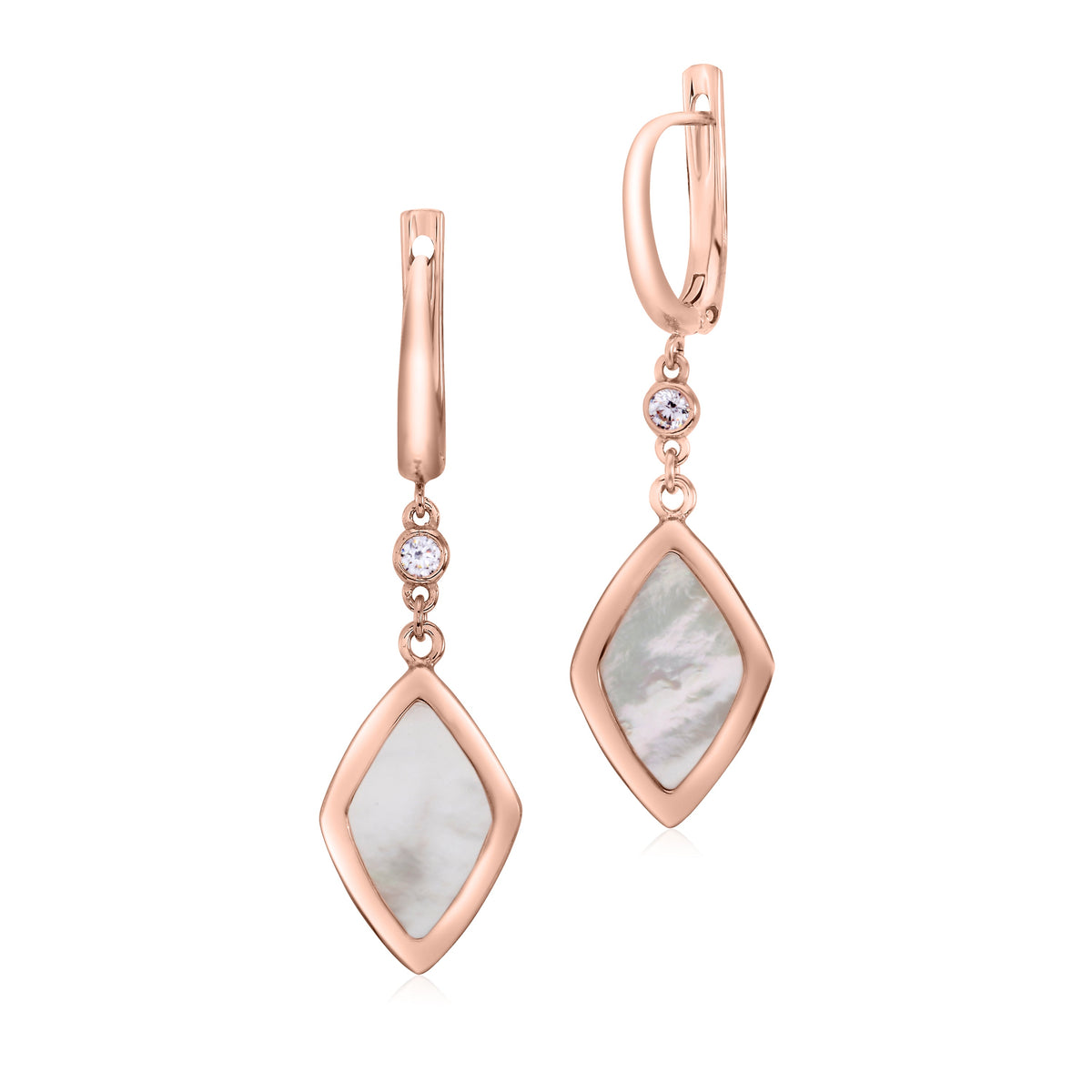 Sterling Silver Leverback Earrings with Bezel Set CZ and Mother of Pearl Dangle by Massete