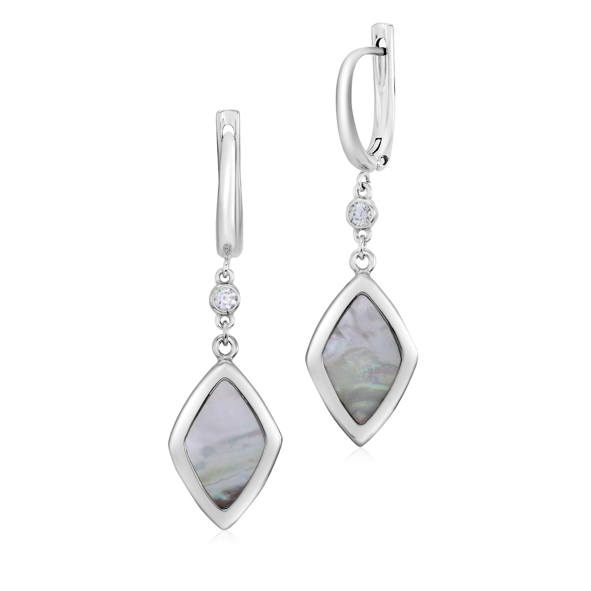 Sterling Silver Leverback Earrings with Bezel Set CZ and Mother of Pearl Dangle by Massete