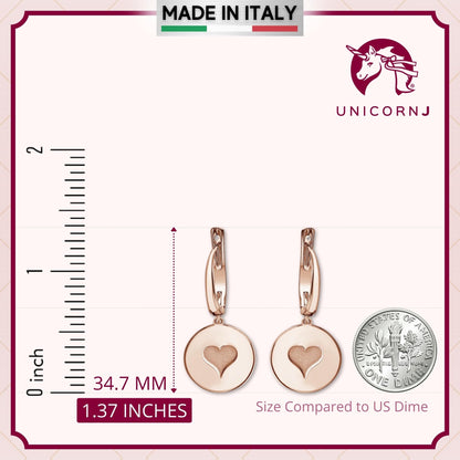 Sterling Silver Rose Gold Plated Girls Round Disc Dangle Leverback Earrings with Engraved Heart by Massete