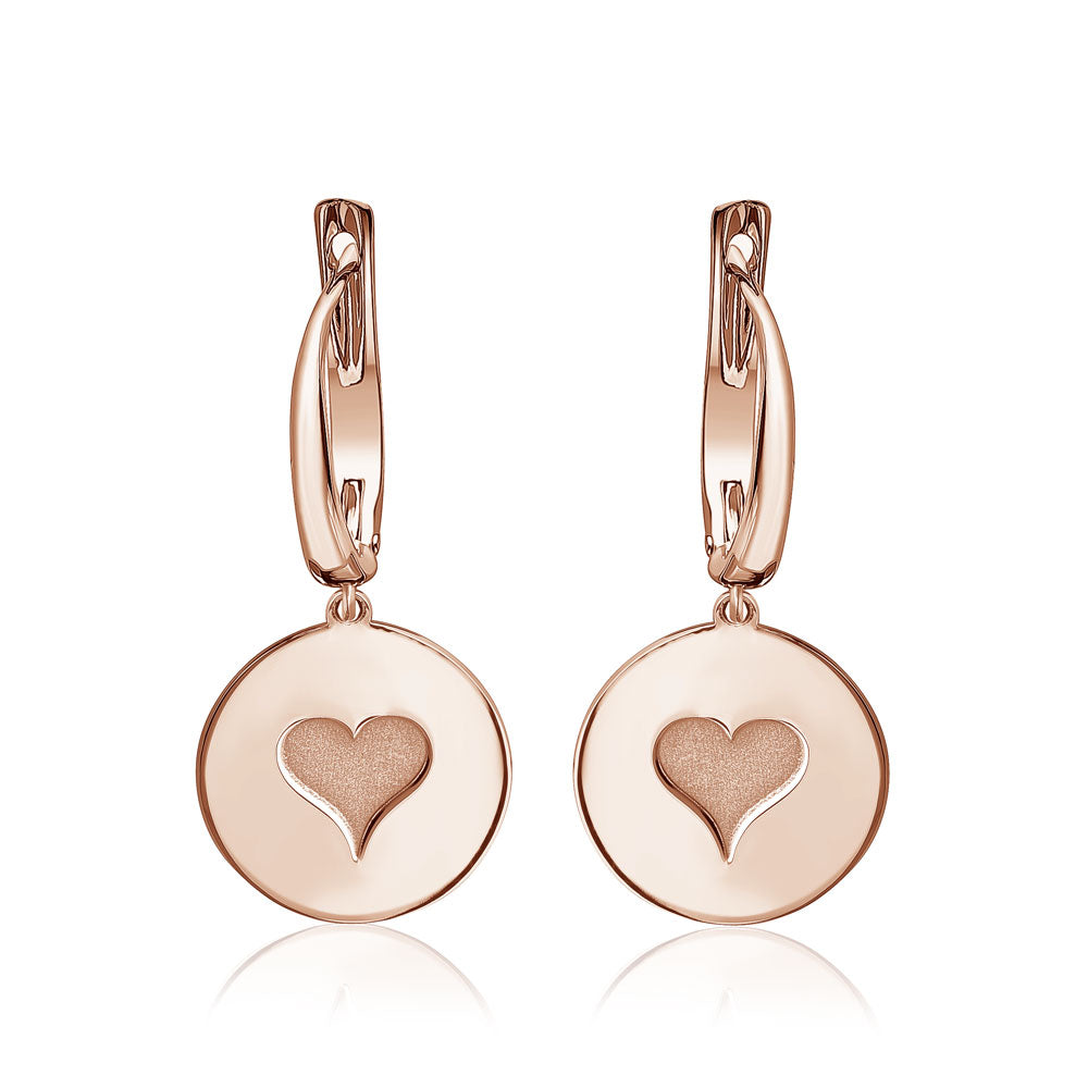 Sterling Silver Rose Gold Plated Girls Round Disc Dangle Leverback Earrings with Engraved Heart by Massete