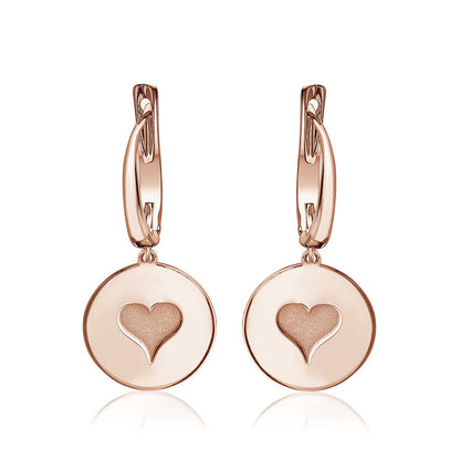 Sterling Silver Rose Gold Plated Girls Round Disc Dangle Leverback Earrings with Engraved Heart by Massete