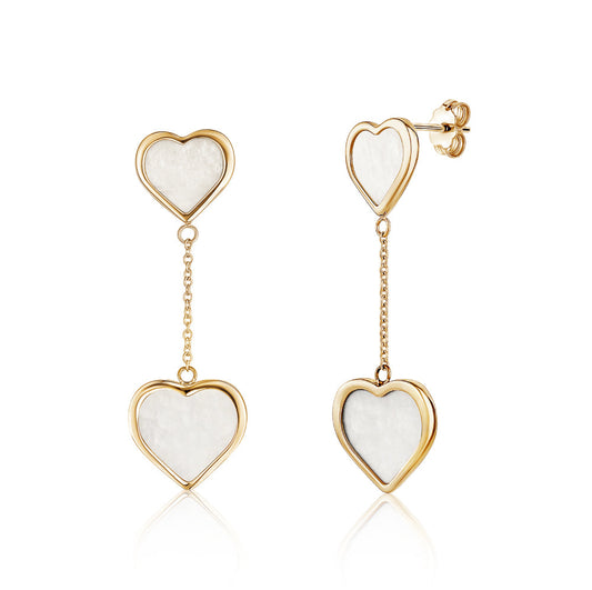 14K Yellow Gold Double Drop Heart Earrings with Mother of Pearl by Massete