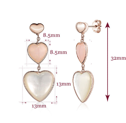 14K Rose Gold Earring Double Heart Drop Dangle Heart Shape Cabochon Pink Opal and Mother of Pearl Italy by Massete