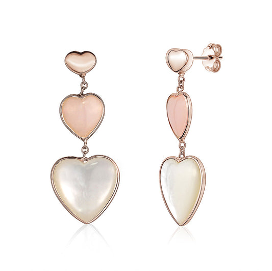 14K Rose Gold Earring Double Heart Drop Dangle Heart Shape Cabochon Pink Opal and Mother of Pearl Italy by Massete