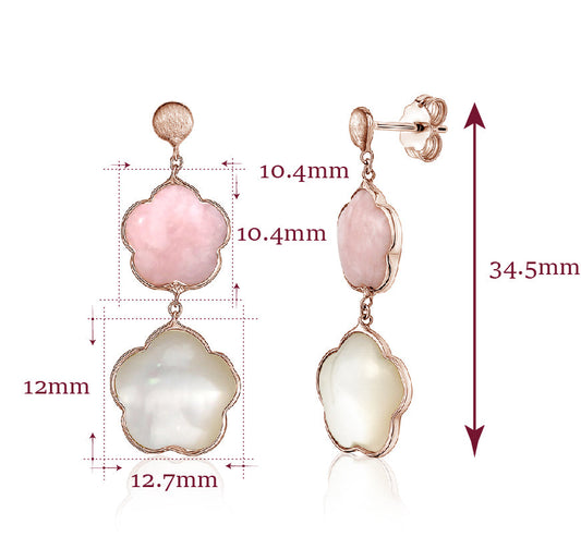 14K Rose Gold Earring Double Flower Drop Dangle Flower Shape Cabochon Pink Opal and Mother of Pearl Italy by Massete