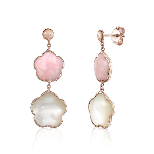 14K Rose Gold Earring Double Flower Drop Dangle Flower Shape Cabochon Pink Opal and Mother of Pearl Italy by Massete