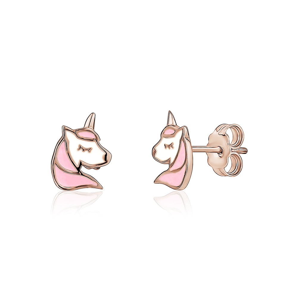 Unicornj 14k yellow gold unicorn stud earrings with pink and white enamel