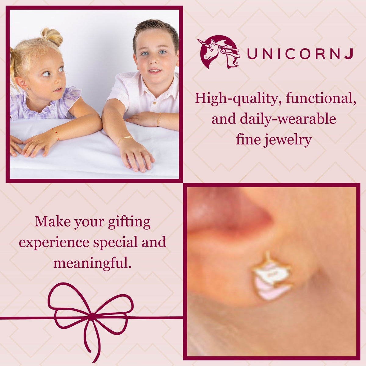 Model wearing Unicornj 14k yellow gold unicorn stud earrings with pink and white enamel, view 3