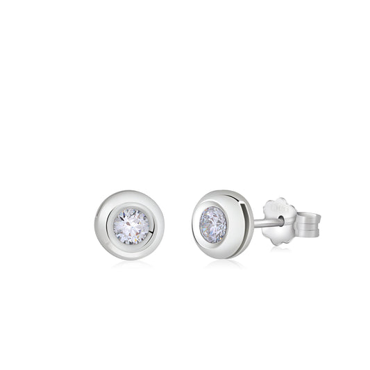 UNICORNJ 14K White Gold Bevel Set CZ Simulated Diamond Post Stud Earrings 6.5mm Italy by Massete