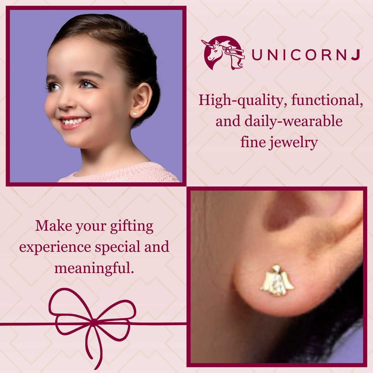 UNICORNJ 14K Yellow and White Gold Children's Kids Guardian Angel Post Earrings with CZ's Italy by Massete