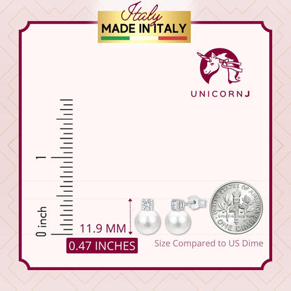 UNICORNJ 14K White Gold Freshwater Cultured Pearl Post Stud Earrings with Simulated Diamond CZ 5 7 8 mm Italy by Massete