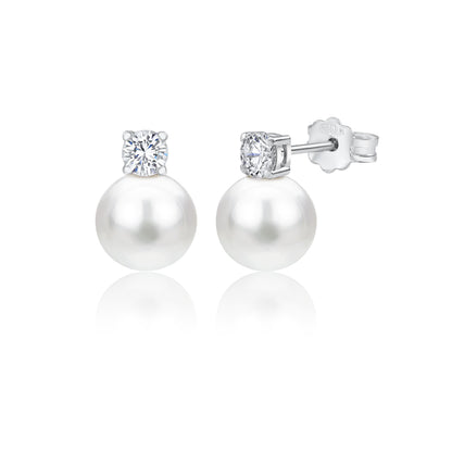 UNICORNJ 14K White Gold Freshwater Cultured Pearl Post Stud Earrings with Simulated Diamond CZ 5 7 8 mm Italy by Massete
