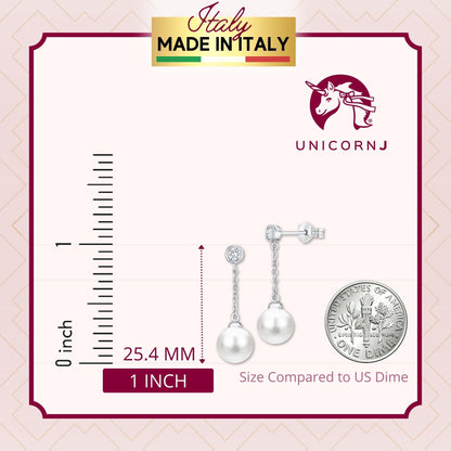 UNICORNJ 14K White Gold Freshwater Cultured Pearl Drop Dangle Earrings with Bezel Set Simulated Diamond CZ 7.5mm Italy by Massete