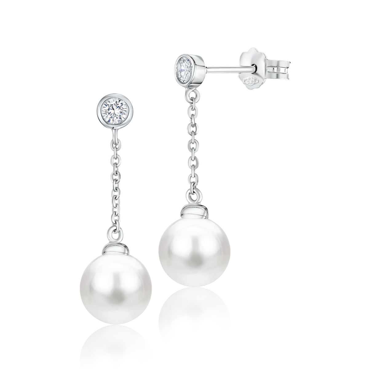 UNICORNJ 14K White Gold Freshwater Cultured Pearl Drop Dangle Earrings with Bezel Set Simulated Diamond CZ 7.5mm Italy by Massete