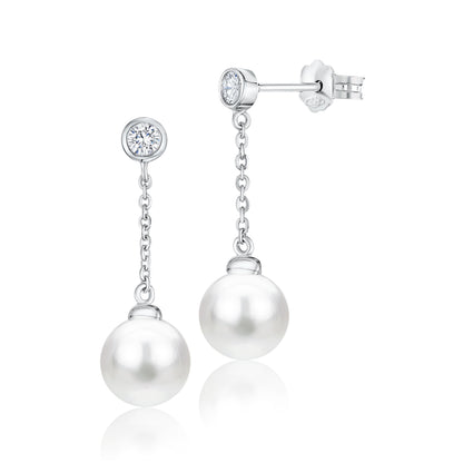 UNICORNJ 14K White Gold Freshwater Cultured Pearl Drop Dangle Earrings with Bezel Set Simulated Diamond CZ 7.5mm Italy by Massete