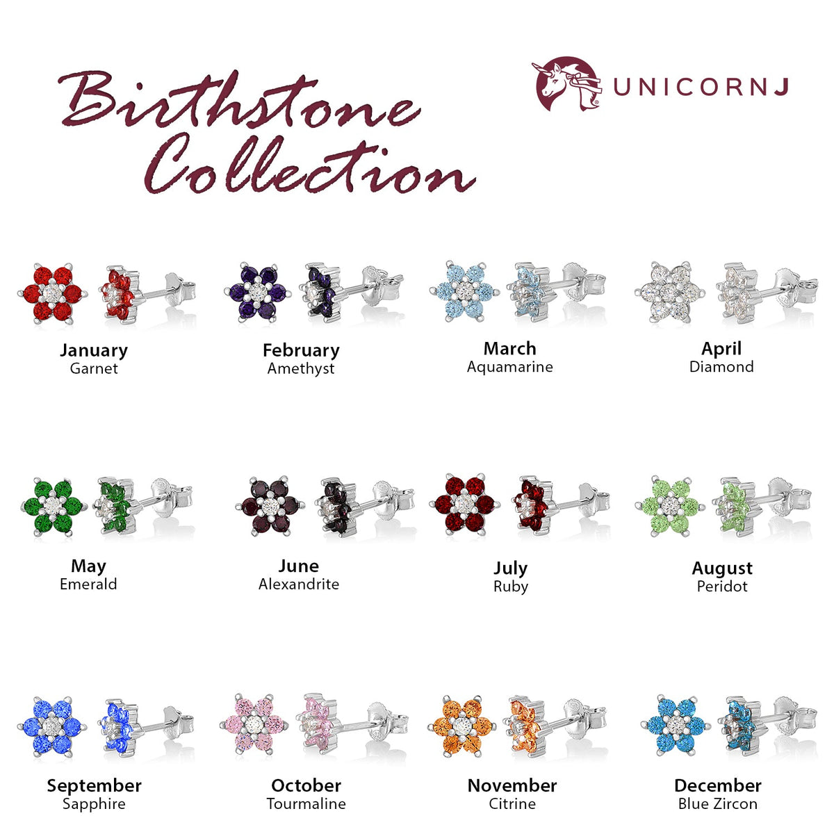 Birthstone Earrings in Sterling Silver with CZ Flower by Massete
