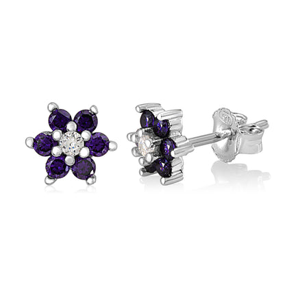 Birthstone Earrings in Sterling Silver with CZ Flower by Massete