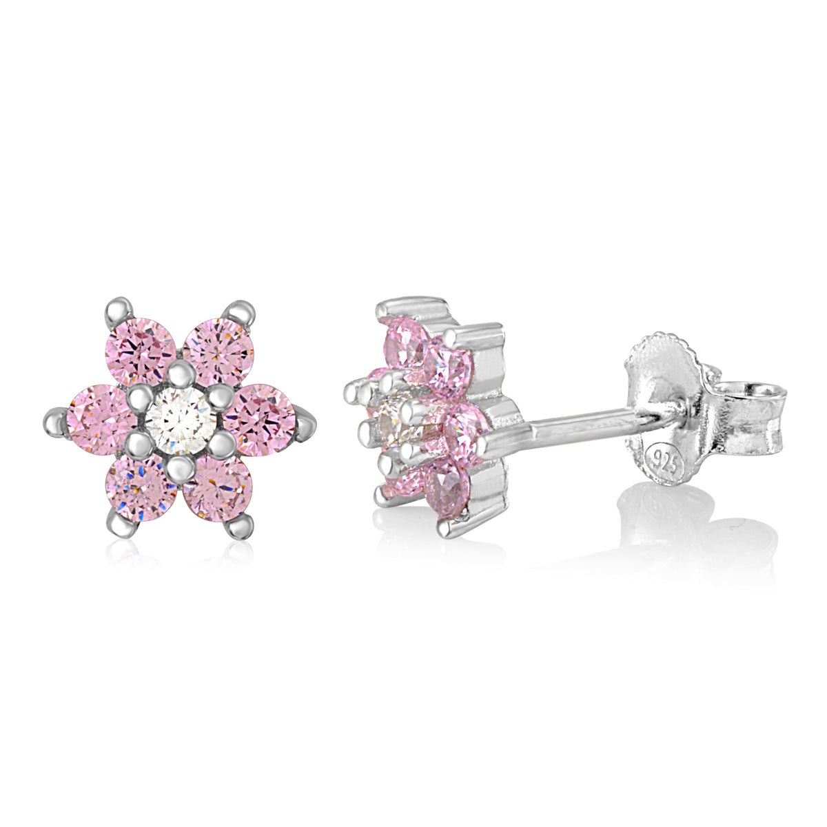 Birthstone Earrings in Sterling Silver with CZ Flower by Massete