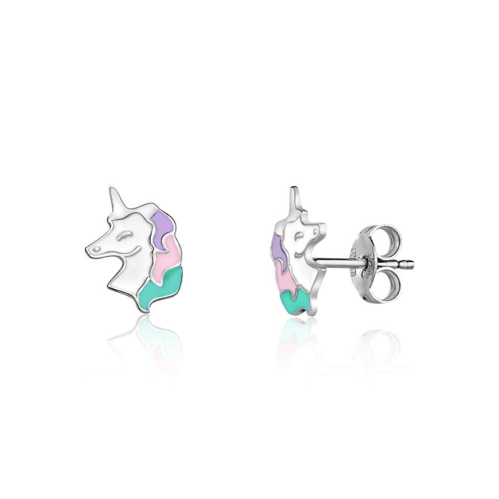 UNICORNJ Sterling Silver 925 Unicorn Earrings Stud for Girls with Enamel by Massete
