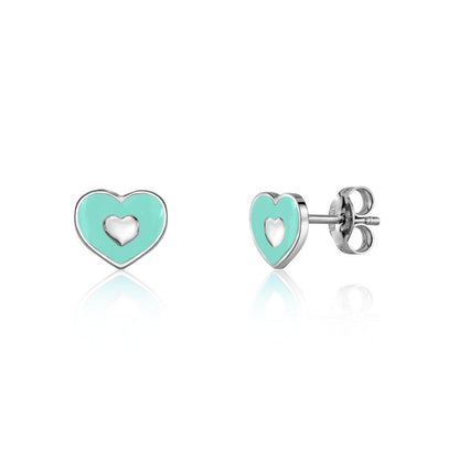 UNICORNJ Sterling Silver 925 Heart Earrings Stud for Girls with Enamel Heart in Heart by Massete