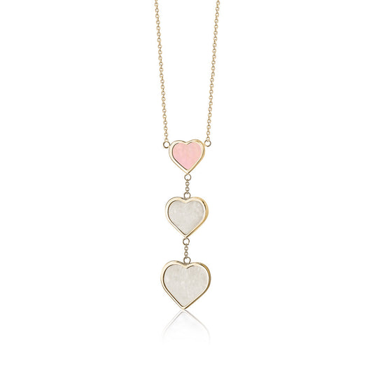 14k yellow gold triple drop heart necklace with mother of pearl by Unicornj