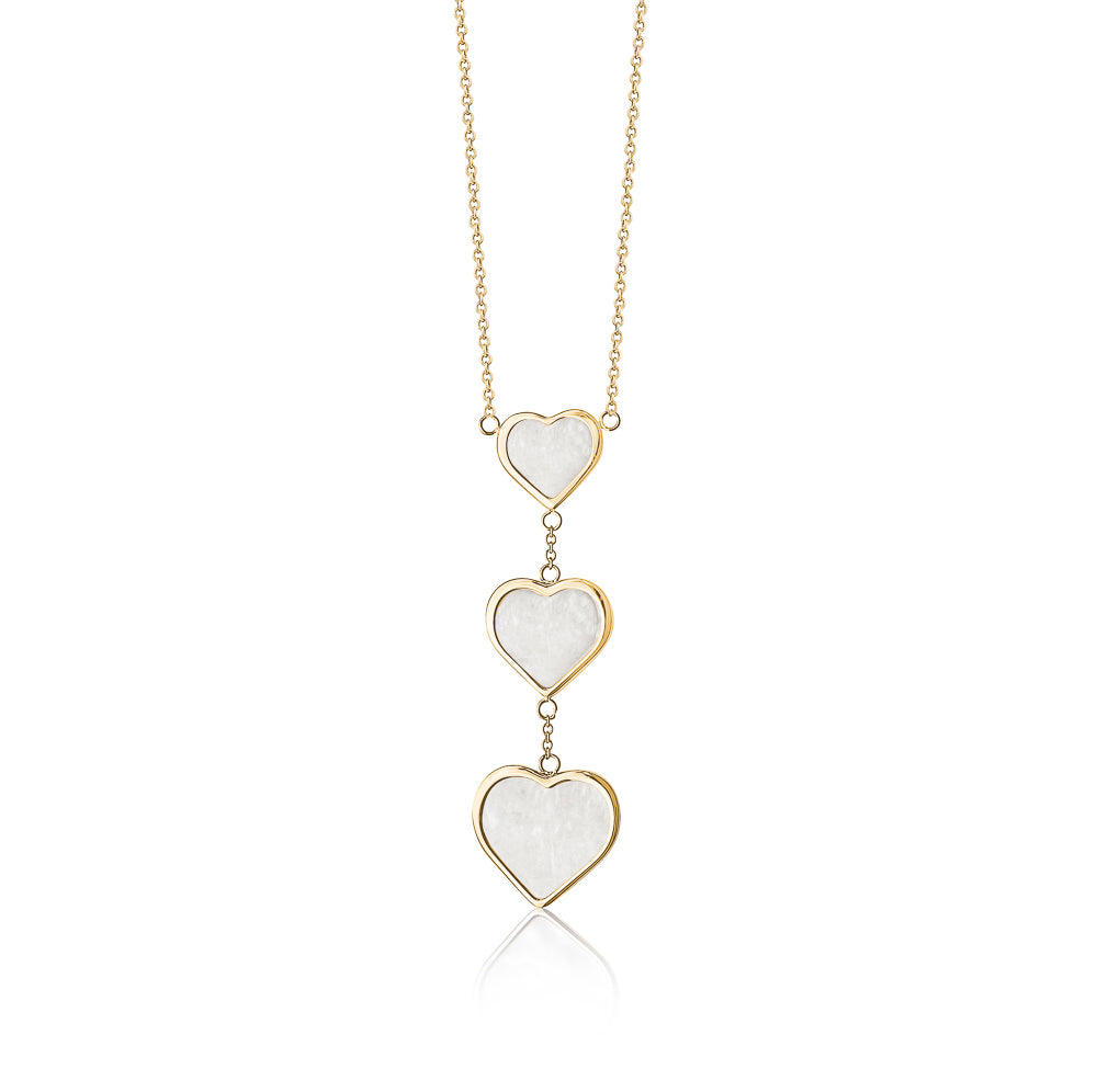 14k yellow gold triple drop heart necklace with mother of pearl, Unicornj, view 3