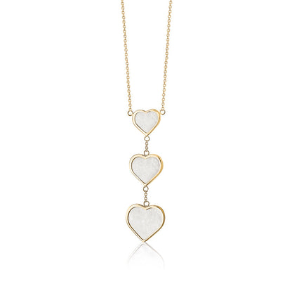 14k yellow gold triple drop heart necklace with mother of pearl, Unicornj, view 3
