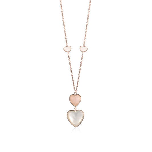 14K Rose Gold Pendant Necklace Double Heart Drop Heart Shape Cabochon Pink Opal and Mother of Pearl Italy 17" by Massete