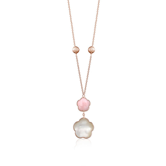14K Rose Gold Pendant Necklace Double Flower Drop Flower Shape Cabochon Pink Opal and Mother of Pearl Italy 17" by Massete